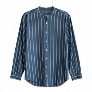 J. Peterman Men's Granddad Shirt Blue Multi-Stripe Band Collar Size Medium